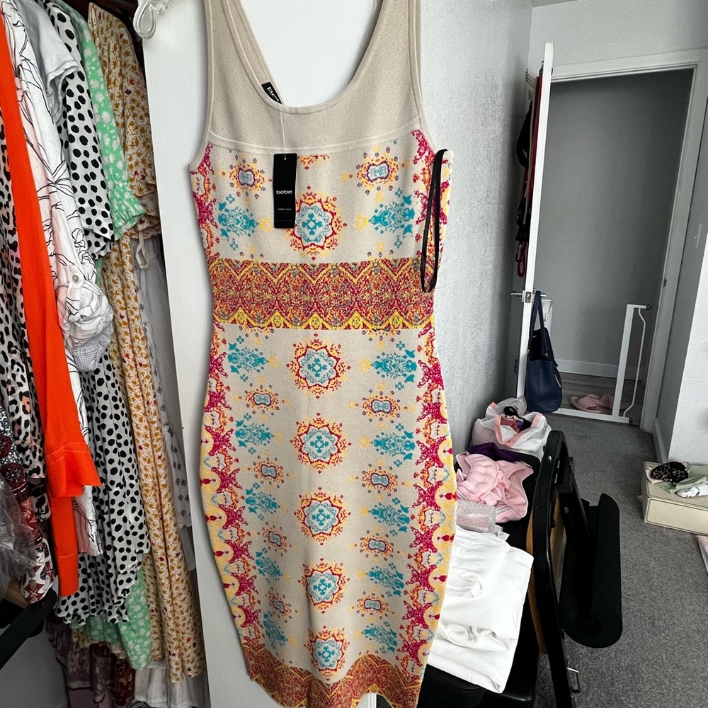 Bebe Beige and Multicolor Patterned Midi Dress. Very stretchy fabric.